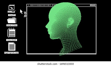 Cyberpunk futuristic collage with glitch art artifacts and wireframe of a human head. Retrofuturistic 8-bit style aesthetics.