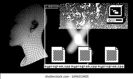 Cyberpunk futuristic collage with glitch art artifacts and wireframe of a human head. Retrofuturistic 8-bit style aesthetics.