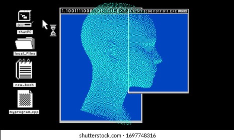 Cyberpunk futuristic collage with glitch art artifacts and wireframe of a human head. Retrofuturistic 8-bit style aesthetics.