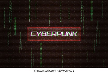 Cyberpunk futuristic concept. Running code glitch effect. Matrix error with digital distortion. System error with red frame. Abstract binary background. Vector illustration.