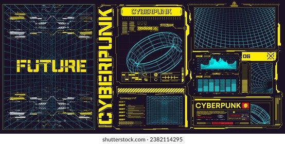 Interfaz Futurista Cyberpunk: HUD Digital, Paneles de Usuarios Gráficos y Elementos Tecnológicos Resumen para Diseño de Ciencia Ficción. Afiche futurista retro de Cyberpunk pone formas cósmicas abstractas. Vector