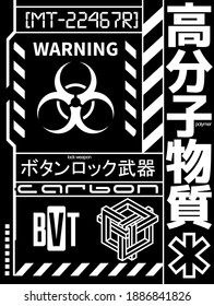 Cyberpunk Futuristic Pattern Texture. Symbols and text in Cyberpunk style for cloth and interface. Japanese and Korean inscriptions. Vector Illustration