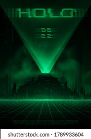 Cyberpunk futuristic poster with night city skyscrapers with big hologram. Synthwave sci-fi template for music events. Design for flyer, cover, web. Vector.