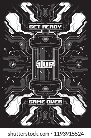 Cyberpunk futuristic poster with retro games elements. Tech Abstract poster template. Modern flyer for web and print.