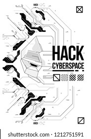 Cyberpunk futuristic poster with robot head. Tech Abstract poster template. Modern flyer for web and print.