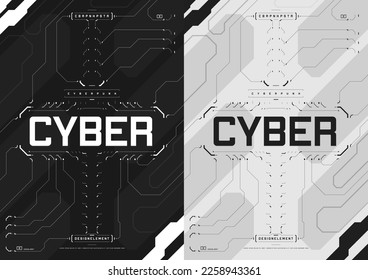 Cyberpunk futuristic poster set. Cyberpunk design for web and print template. Tech flyer with HUD elements collection. Abstract futuristic digital technology design. Virtual environments. Vector