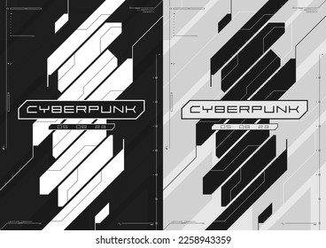 Cyberpunk futuristic poster set. Modern cyberpunk design for web and print template. Tech style flyer with HUD elements. Abstract futuristic technology black and white design, inversion. Vector