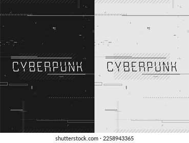 Cyberpunk futuristic poster set. Modern cyberpunk design for web and print template. Tech flyer with HUD glitchy elements. Abstract futuristic technology black and white design, inversion. Vector