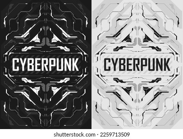 Cyberpunk futuristic poster set. Tech cyberpunk design for web and print template. Technology style flyer. Futuristic technology, black and white minimalistic design, inversion. Vector