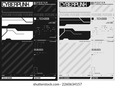 Cyberpunk futuristic poster set. Tech cyberpunk design for web and print template. Technology style flyer. Future technology, black and white minimalistic design, inversion. Vector