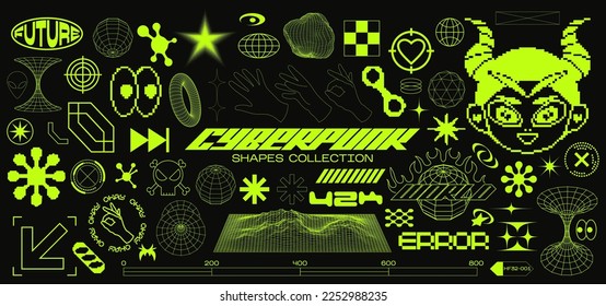 Cyberpunk futuristic shape design elements. Large collection of abstract graphic retro geometric symbols and objects in 2000 style. Templates for notes, posters, banners, stickers, business cards,logo