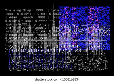 Cyberpunk futuristic style background for AI Voice Recognition Systems and VR (virtual reality) concept. Vector image of sound audio waves and random code of training neural network.