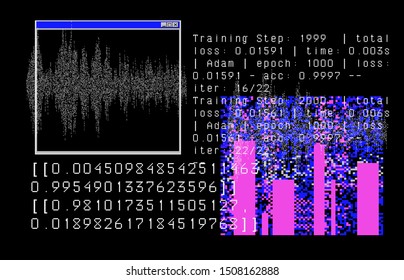 Cyberpunk futuristic style background for AI Voice Recognition Systems and VR (virtual reality) concept. Vector image of sound audio waves and random code of training neural network.