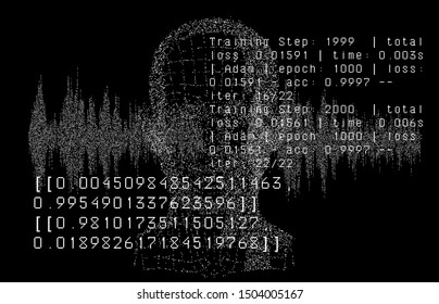 Cyberpunk futuristic style background for Artificial intelligence, Voice and Face Recognition Systems and VR (virtual reality) concept. Vector image of human face made of particles, sound audio waves.