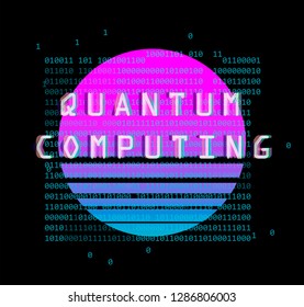 Cyberpunk futuristic style concept illustration for Quantum Computing subject. Abstract distorted and glitched circle and binary code on dark background.
