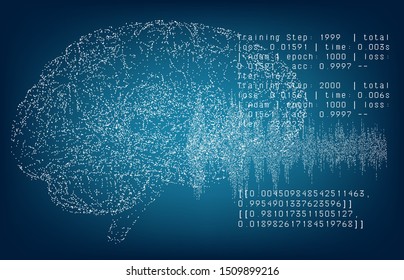 Cyberpunk futuristic style illustration for Artificial intelligence, Mind concept. Vector image of human brain made of particles and numbers.