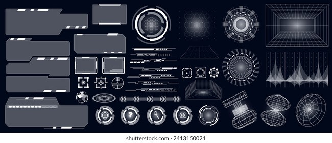 Cyberpunk futuristic user interface mega set in flat design. Bundle elements of hud dashboard, gui elements, vr hologram, ui templates with buttons, bars. Vector illustration isolated graphic objects