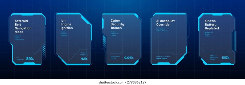Cyberpunk game interface frame featuring advanced tech panels, holographic HUD elements and neon blue borders for immersive digital screen layouts and futuristic control systems
