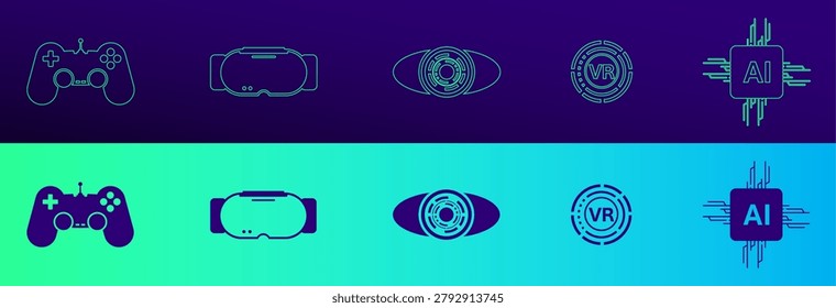 Cyberpunk Gaming and Virtual Reality UI Icons, Fluid Teal Purple Gradient Line Art and Solid Set