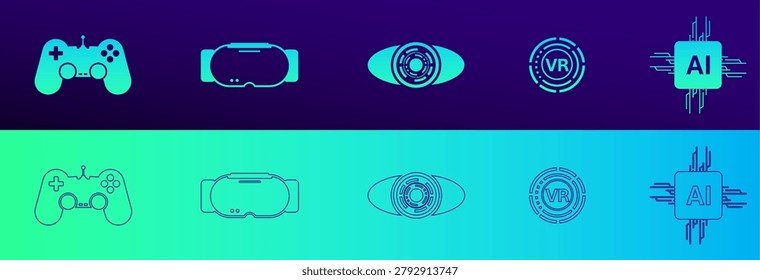 Cyberpunk Gaming and Virtual Reality UI Icons, Fluid Teal Purple Gradient Line Art and Solid Set