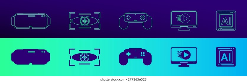 Cyberpunk Gaming and Virtual Reality UI Icons, Fluid Teal Purple Gradient Line Art and Solid Set