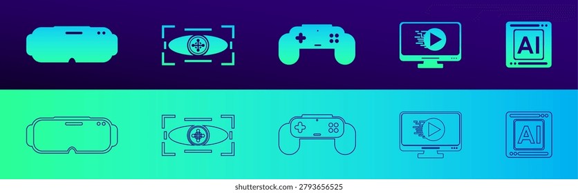 Cyberpunk Gaming and Virtual Reality UI Icons, Fluid Teal Purple Gradient Line Art and Solid Set