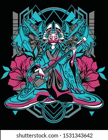 cyberpunk geisha robot with sacred geometry background