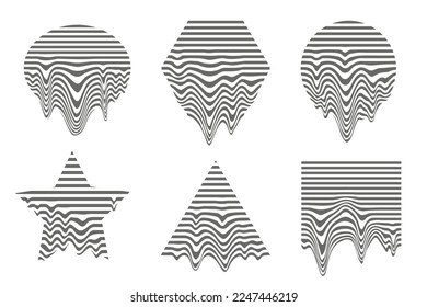 Cyberpunk geometric elements. Set of vintage striped melted shapes in silhouette. Memphis retro design. Vector futuristic art.