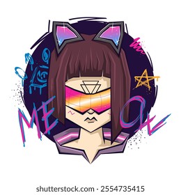 Cyberpunk girl with bob haircut and cat ears headband wearing futuristic glasses with augmented reality and digital interface, on a graffiti background with punk symbols and meow inscription