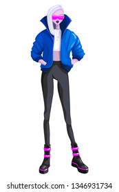 Cyberpunk girl in a jacket, neon pink glasses, illustration.
