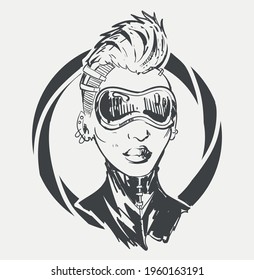 Cyberpunk girl with a mohawk in glasses vector illustration