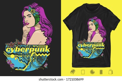 Cyberpunk girl pop art style. Robot woman portrait. Creative print for dark clothes. T-shirt design. Template for posters, textiles, apparels 