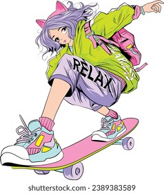 Cyberpunk girl rides a skateboard in her green jacket and purple pants. Having a good time with her backpack, cat ears and purple hair