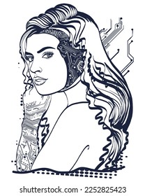 Cyberpunk girl. Robot woman portrait. Old school tattoo vector art. Hand drawn graphic. Isolated on white. Traditional flash tattooing