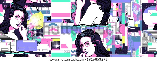 Cyberpunk girl and universe. Vaporwave and retrowave\
music seamless pattern. Contemporary glitch background. Surreal\
retrofuturistic vector illustration. 80s and 90s internet\
lifestyle, pop culture\
