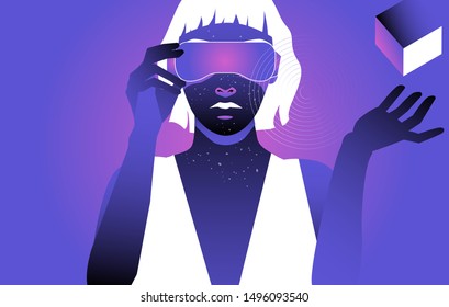 Cyberpunk girl wearing VR glasses or headset. Vaporwave/ synthwave style vector illustration.