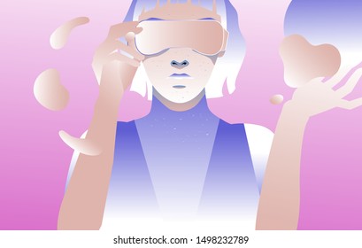 Cyberpunk girl wearing VR glasses or headset. Vaporwave/ synthwave style vector illustration.