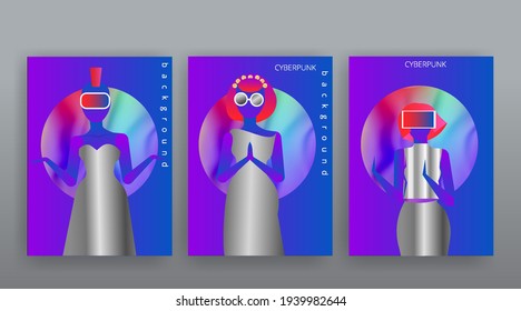 Cyberpunk girls on page, retro futuristic woman night club design flyer, neon and chrome tape vinyl color vector illustration, cyber concept  
