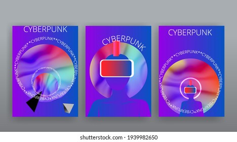 Cyberpunk girls on page, retro futuristic woman night club design flyer, neon and chrome tape vinyl color vector illustration, cyber concept  
