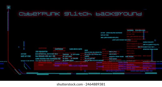Cyberpunk glitch background with futuristic, tech-inspired aesthetic. Glitch code in shades of blue and red on a black background. RGB-Shift and Static Noise Backdrop.