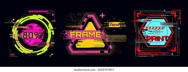 Cyberpunk glitch frame collection with neon colors - circular badge, triangular border design, hexagonal print element. Digital interface graphics for futuristic ui, tech overlays and gaming assets.