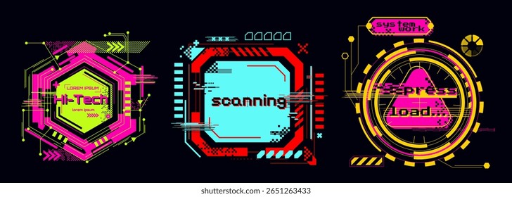 Coleção de quadros de falha Cyberpunk com cores neon - emblema circular, design de borda triangular, elemento de impressão hexagonal. Gráficos de interface digital para interface do usuário futurista, sobreposições tecnológicas e ativos de jogos.