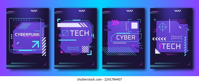 Cyberpunk glitch posters. Cyber bug digital effect glitchy screen, retro synthwave dj rave 90s, data virus hud tech minimal chaos led glow dark banner vector illustration of futuristic neon cyberpunk