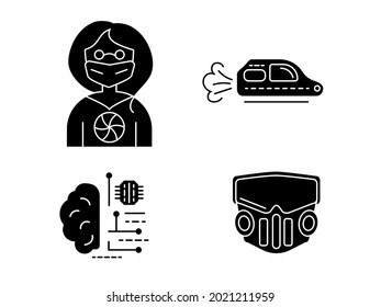 Cyberpunk glyph icons set. Futuristic city. Exoskeleton and high tech technology. Future with robot technology. Bio-robot gadgets. Black symbols collection. Isolated vector stock illustration