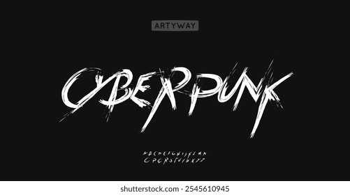 Alfabeto de graffiti Cyberpunk, tipo de letra caótico del pincel, letras salvajes atrevidas, tipografía urbana expresiva para el logotipo del punk rebelde, titular de estilo urbano intenso. Vector typeset.