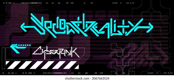 Cyberpunk graffiti calligraphy in futuristic style for merch, clothing, t-shirt, poster or banner. Gaming design, futuristic text. Typography concept. Futuristic lettering design. Vector illustration