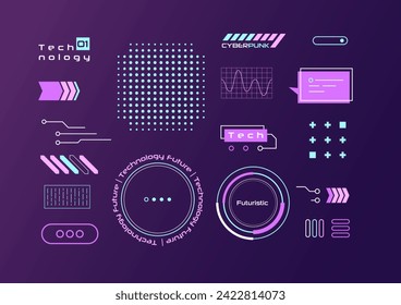 Cyberpunk graphic elements set.  Retro futuristic shapes for banners design, future technology concepts. Vector techno illustration. Templates for electronic app, sci-fi backgrounds.