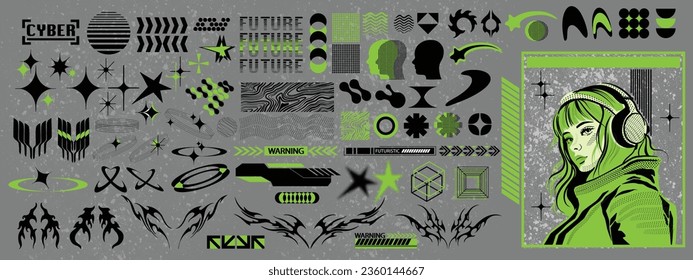 Cyberpunk grid icon element kit, vector abstract retro y2k shapes set, Japanese sci-fi girl face. Retro futuristic design forms, modern cyber geometric acid symbols. Technology groovy cyberpunk shapes