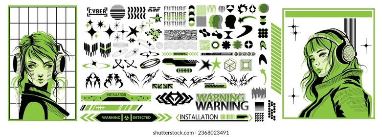 Cyberpunk grid icon set, abstract retro y2k element shapes kit, vector Japanese sci-fi girl face. Retro futuristic design forms, modern cyber geometric acid symbols. Technology groovy cyberpunk shapes