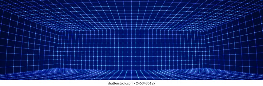 Cyberpunk Grid VR 3D Room with Fisheye Lens Effect. Grid Frame Tech Party Flyer Background. Abstract Digital Background. Vintage Computer Virtual Reality VR Tunnel Technology Vector Illustration.